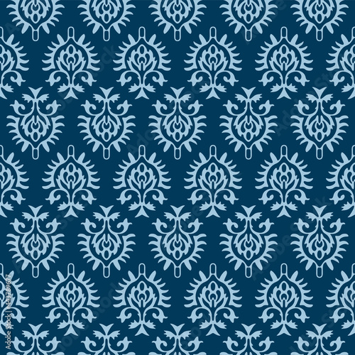 Japanese Indian Blue Flower Motif Vector Seamless Pattern