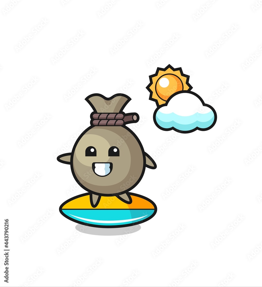 Illustration of money sack cartoon do surfing on the beach Illustration of money sack cartoon do surfing on the beach