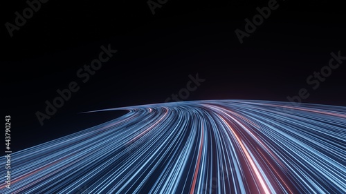 3D Rendering of curved blue and red light path trail. Concept of way to success, business plan, goals and achievement, advanced technology evolution