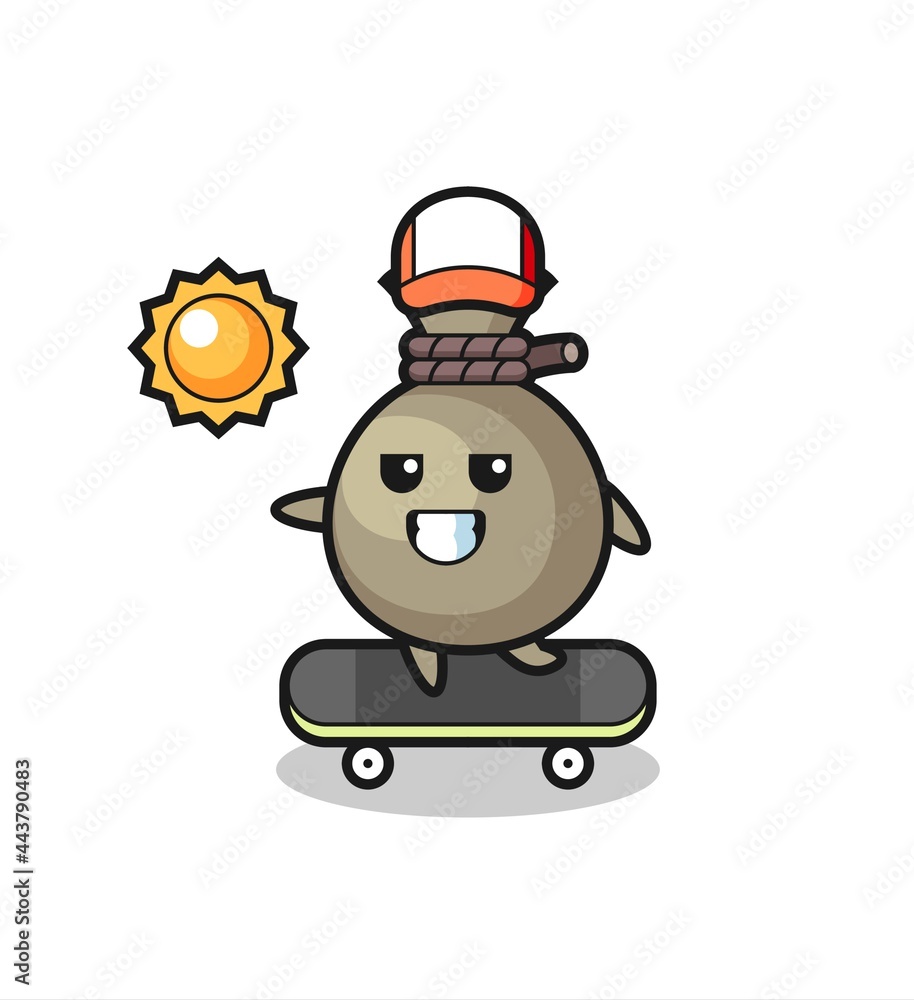 Naklejka premium money sack character illustration ride a skateboard