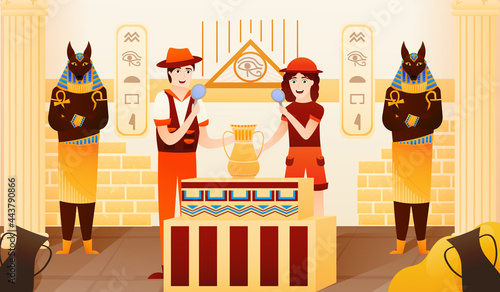Ancient egyptian tomb background with explorer hunting for treasure, gods sculpture, pyramid interior underground in cartoon style, colourful design for advanture game, archaeologist characters