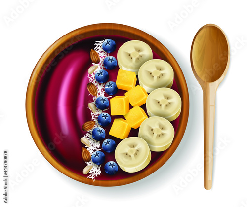 Acai Fruit bowl vector realistic mock up. Fresh fruits breakfast. Healthy food diet. Product placements