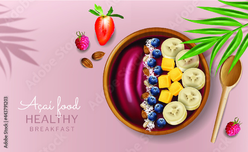 Acai bowl vector realistic mock up. Fresh fruits. Product placement menu pages