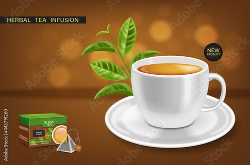 Herbal tea infusion mock up  realistic. Product placement label designs