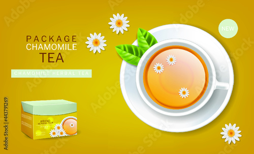Chamomile Cup of tea vector realistic. Top view 3d illustrations