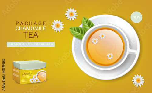 Chamomile Cup of tea vector realistic. Top view 3d illustrations
