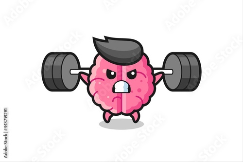 brain mascot cartoon with a barbell
