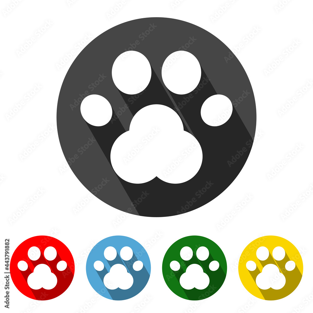Paw Flat Style Icon with Long Shadow. Paw icon vector illustration design element with four color variations. Cute pet vector illustration. All in a single layer. Elements for design. Paw Flat Style Icon with Long Shadow. Paw icon vector illustration design element with four color variations. Cute pet vector illustration. All in a single layer. Elements for design.