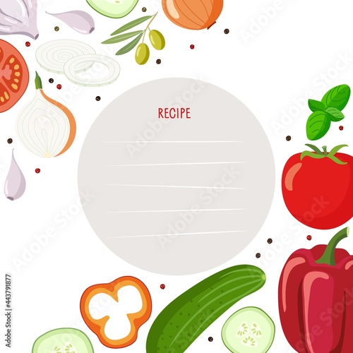 Recipe Card with Gaspacho Product Kit and Lines Vector Template. Background for recipe with tomato soup products. Cookbook page with place for writing. Write useful information.