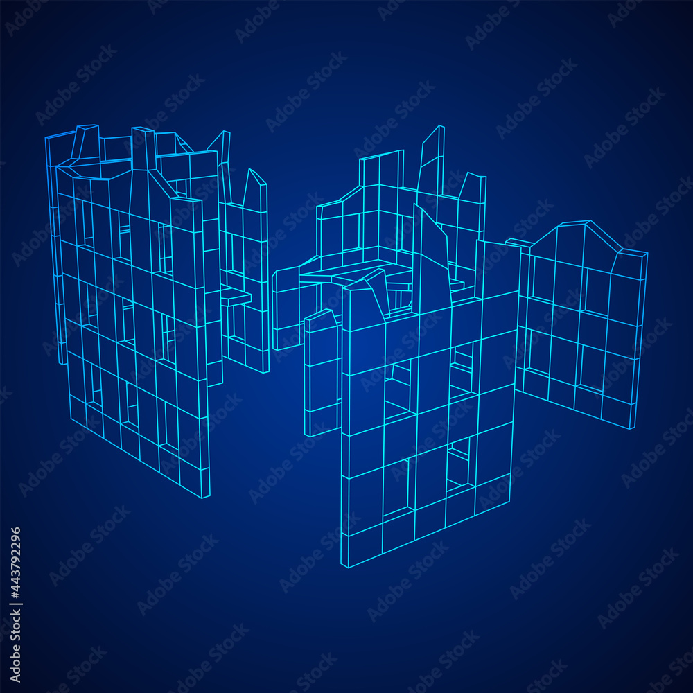 Obraz premium Destroyed building ruin and concrete, war destruction concept. Wireframe low poly mesh vector illustration.