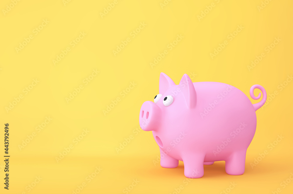Surprised pig, piggy bank isolated on yellow background. Clipping path imcluded