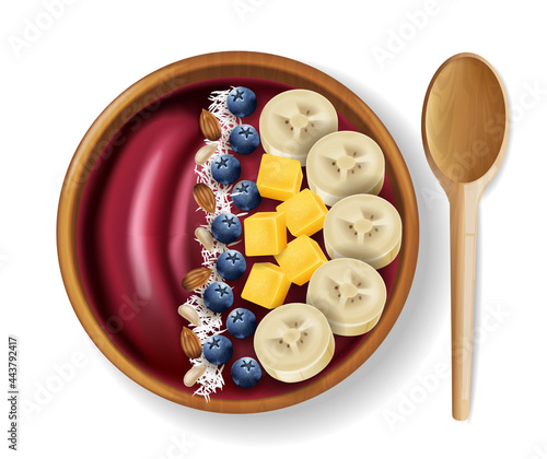 Acai Fruit bowl vector realistic mock up. Fresh fruits breakfast. Healthy foo...