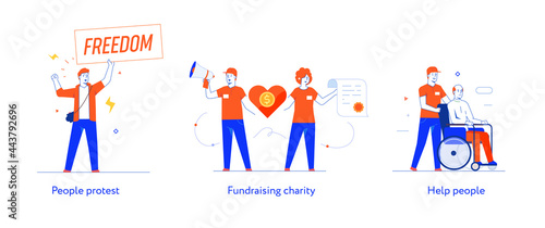 People civic activism, illustration. Activist, policy, volunteer, protest. Flat illustration Icons infographics. Landing page site print poster. Eps vector.