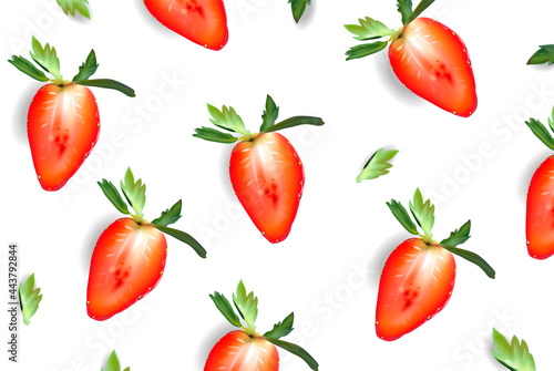 Fototapeta Naklejka Na Ścianę i Meble -  Strawberry sliced juicy poster Vector realistic. Sweet summer banner. 3d detailed illustration.