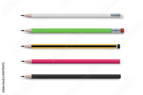 Realistic bright. 3d pencil set for paper design. Realistic vector set of classic simple wooden graphite pencils.