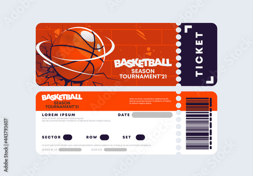 vector illustration, entrance ticket template for a basketball tournament, a brick wall broken by a basketball ball, a crack in the wall, the season of the national basketball tournament photo