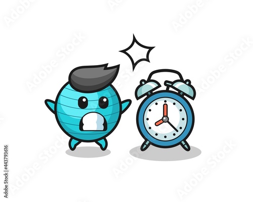 Cartoon Illustration of exercise ball is surprised with a giant alarm clock