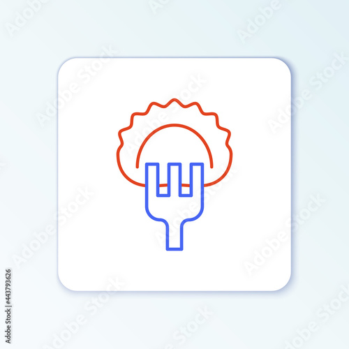 Line Dumplings on fork icon isolated on white background. Pierogi, varenyky, pelmeni, ravioli. Traditional Ukrainian food. Colorful outline concept. Vector