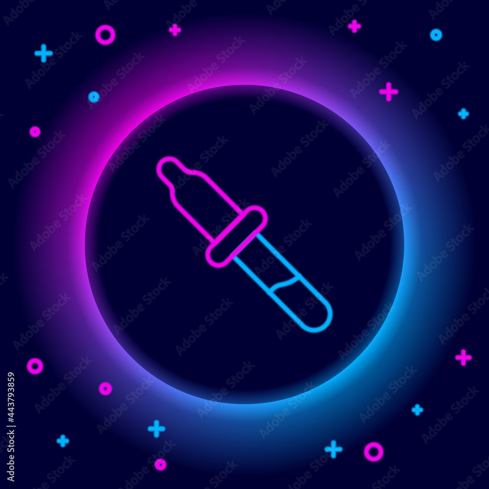 Glowing neon line Pipette icon isolated on black background. Element of medical, chemistry lab equipment. Medicine symbol. Colorful outline concept. Vector Glowing neon line Pipette icon isolated on black background. Element of medical, chemistry lab equipment. Medicine symbol. Colorful outline concept. Vector