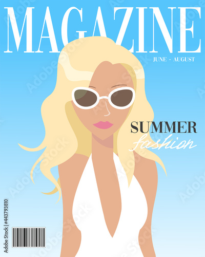Summer beauty magazine cover template. Beautiful blond young tanned woman in white swimsuit on blue magazine cover. Fashion model magazine brochure design template. Colorful flat vector illustration.
