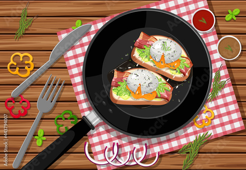 Breakfast bruschetta in a pan on the table background