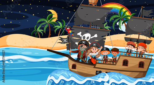 Treasure Island scene at night with Pirate kids on the ship