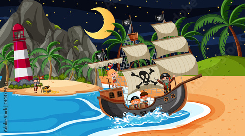Beach with Pirate ship at night scene in cartoon style