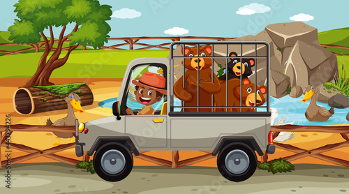 Safari scene with many bears in a cage car