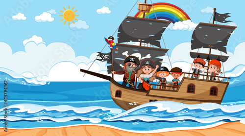 Ocean scene at daytime with Pirate kids on the ship