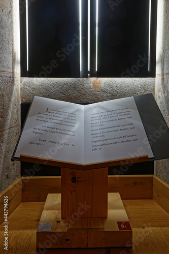 ST-PIERRE DE CHARTREUSE, FRANCE, June 6, 2021 :  Explicative book in the lights of the Grande Chartreuse Monastery. photo