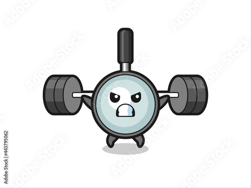 magnifying glass mascot cartoon with a barbell