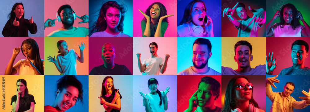 Portrait of group of people on multicolored background in neon light, collage. - obrazy, fototapety, plakaty 
