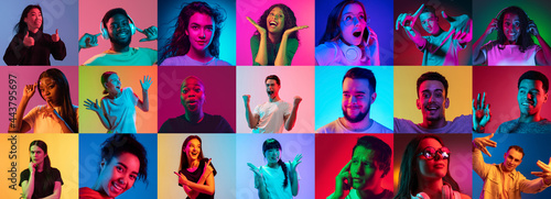 Portrait of group of people on multicolored background in neon light, collage.