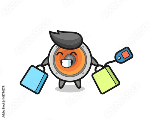 loudspeaker mascot cartoon holding a shopping bag