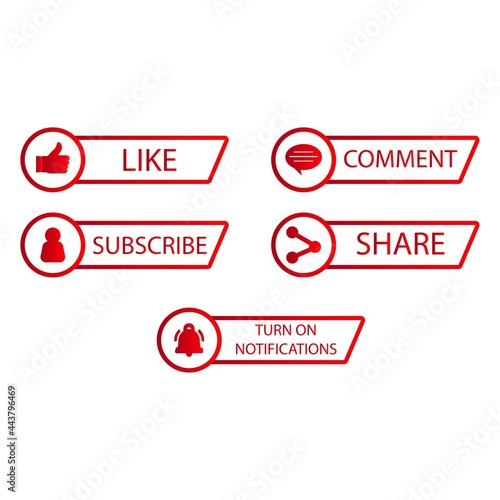 Subscriber button collection vector design. Red and white color subscriber button collection on a white background. Social media button elements with like, share, and comment sections.