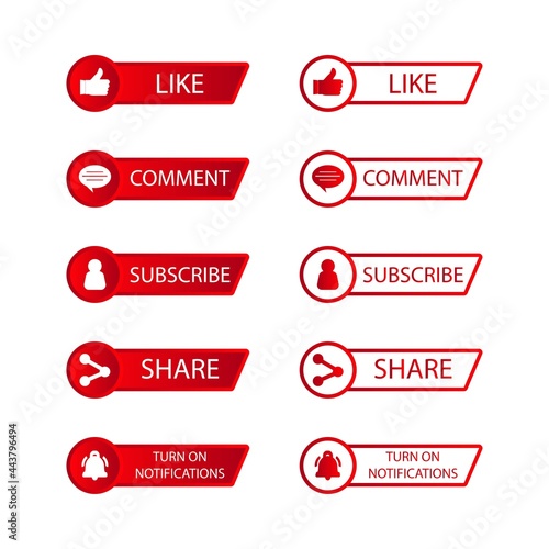 Subscriber button collection vector design. Red and white color subscriber button collection. Social media button elements with like, share, bell icon, and comment sections.