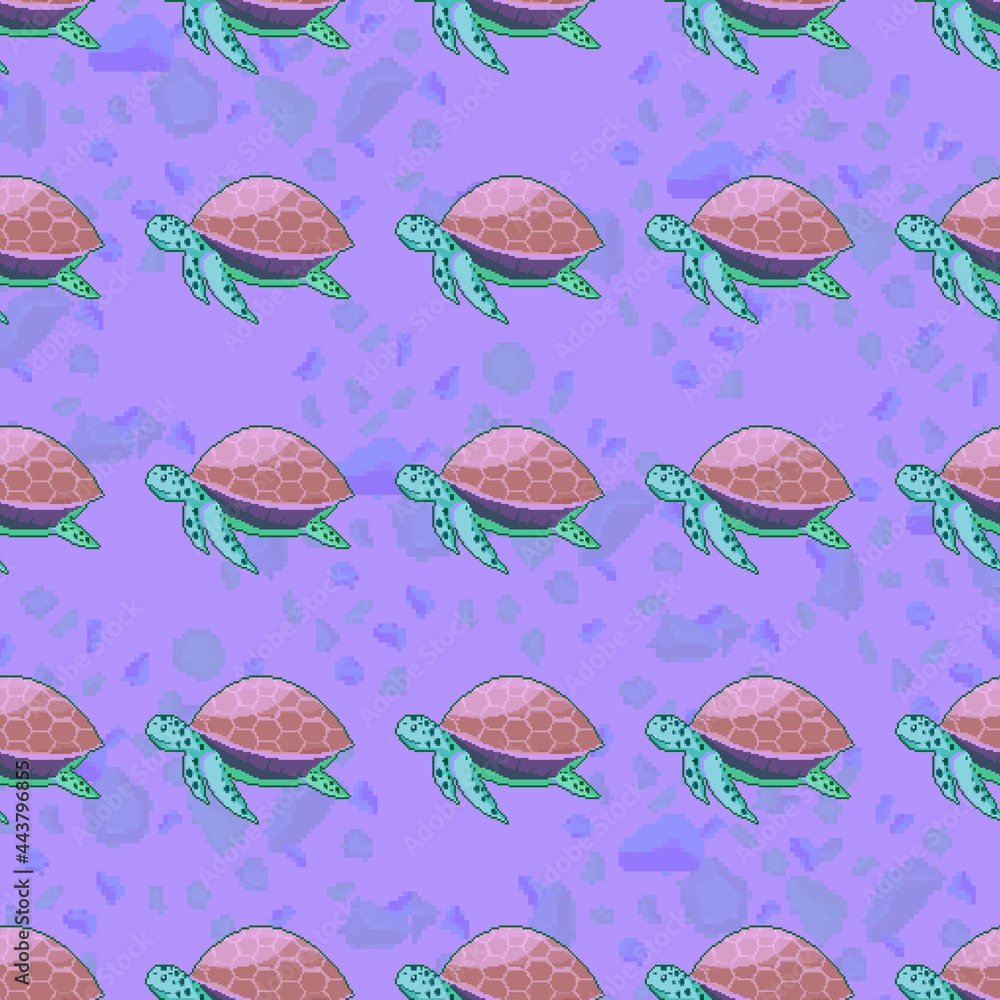 Pixel turtle. Seamless pattern. Pixel art 8 bit. 