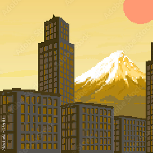 Pixel city with mountain and sunset. Pixel art 8 bit for game
