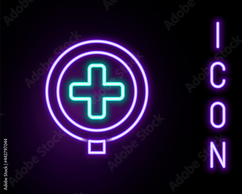 Glowing neon line Hospital road traffic icon isolated on black background. Traffic rules and safe driving. Colorful outline concept. Vector