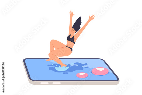 Young girl jumping on social networks. Metaphor of internet addiction, escape from reality to the digital world. Cute woman dives into smartphone screen with likes. Vector illustration in trendy flat