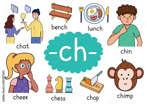 Ch digraph spelling rule educational poster for kids with words. Learning phonics for school and preschool. Phonetic worksheet. Vector illustration photo