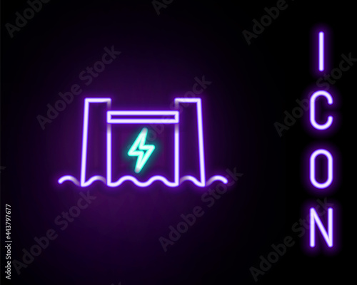 Glowing neon line Hydroelectric dam icon isolated on black background. Water energy plant. Hydropower. Hydroelectricity. Colorful outline concept. Vector