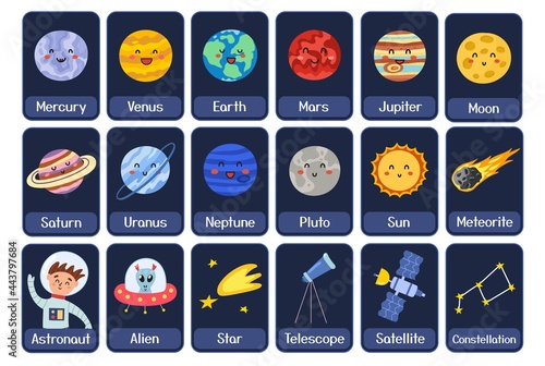 Space cards for kids. Educational flashcards with planets and other cosmic elements. Preschool activity. Vector illustration