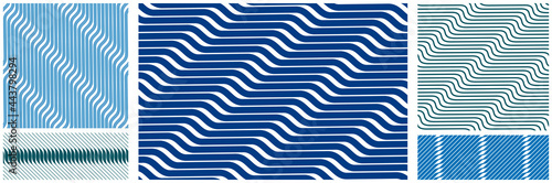 Geometric wavy lines seamless pattern vector set, 3D dimensional endless background wallpaper design image collection, stripy curved tillable texture.