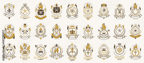 Vintage heraldic emblems vector big set, antique heraldry symbolic badges and awards collection, classic style design elements, family emblems.