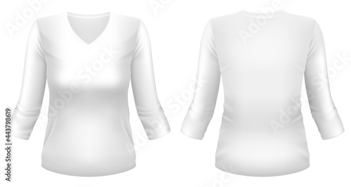 Blank white V-neck 3/4 sleeve t-shirt template. Front and back views. Photo-realistic vector illustration.