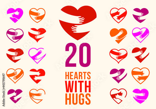 Hearts with hugs vector logos or icons set, hands holding heart care and relationship concept, support and protection theme, love yourself.
