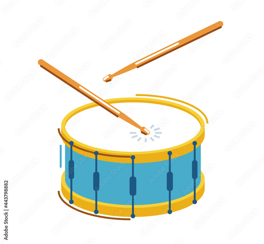 Drum musical instrument vector flat illustration isolated over white background, snare drum design. - obrazy, fototapety, plakaty 