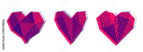 Low poly pattern geometric heart vector icons or logos set, graphic design 3d love theme element, polygonal dimensional heart.