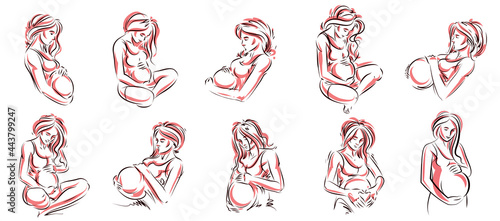 Pregnant woman vector hand drawn illustrations set isolated on white background  prenatal pregnancy baby shower theme  beautiful female motherhood new life.